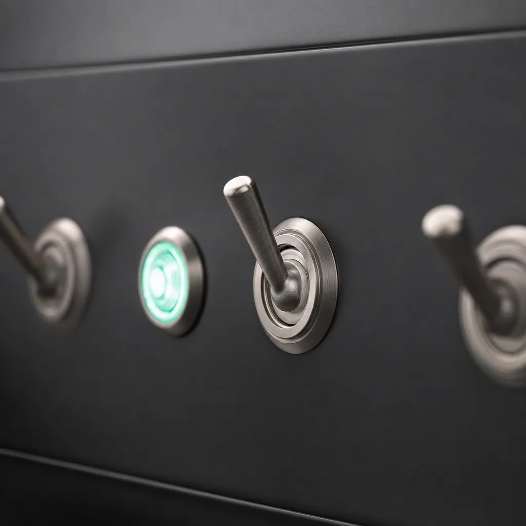 Close view of a single nickel toggle seated on, beside a lit mint indicator.